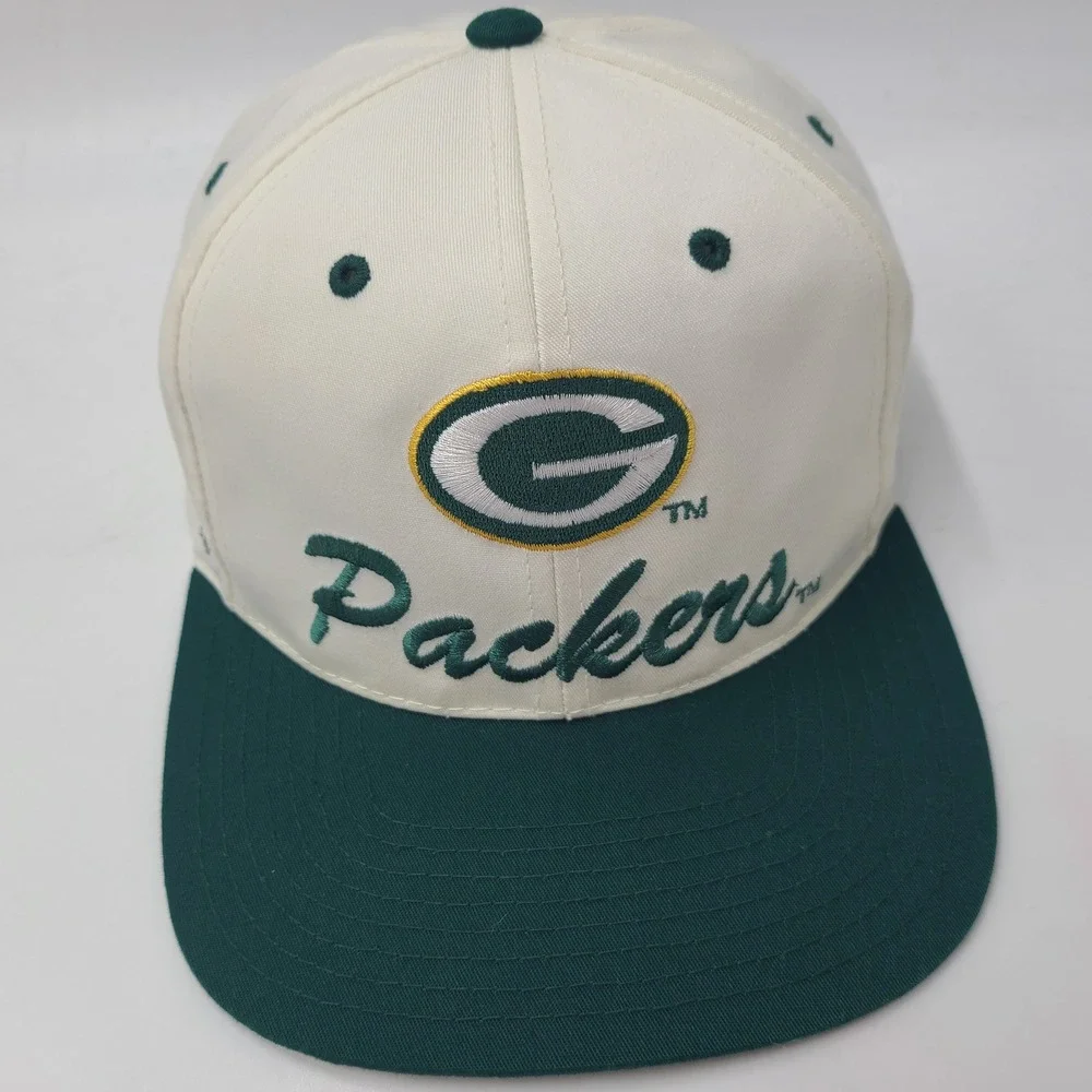 Vintage Green Bay Packers Hat Snapback Logo 7 White Green NFL Football Script